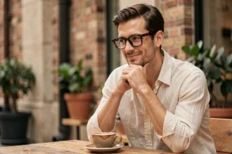 Homme aux lunettes de vue rectangulaires en écaille de tortue assis dans un café urbain, style créatif décontracté