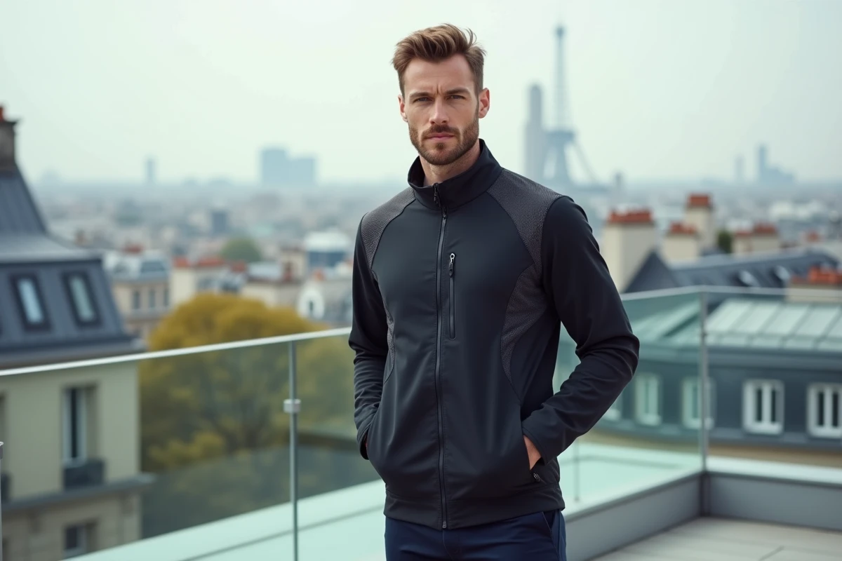Mannequin portant une veste tech française à capteurs biométriques sur un rooftop parisien