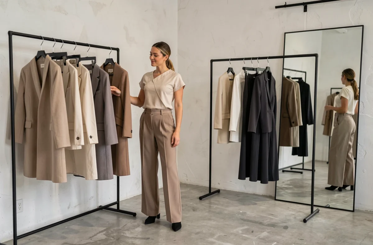 Margaret Studio, boutique de prêt-à-porter féminin contemporain avec des vêtements minimalistes sur portants noirs dans un espace épuré