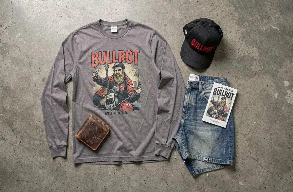 Flat lay des pièces iconiques de la marque Bullrot disposées sur béton brut, incluant casquette, t-shirt graphique et short en denim