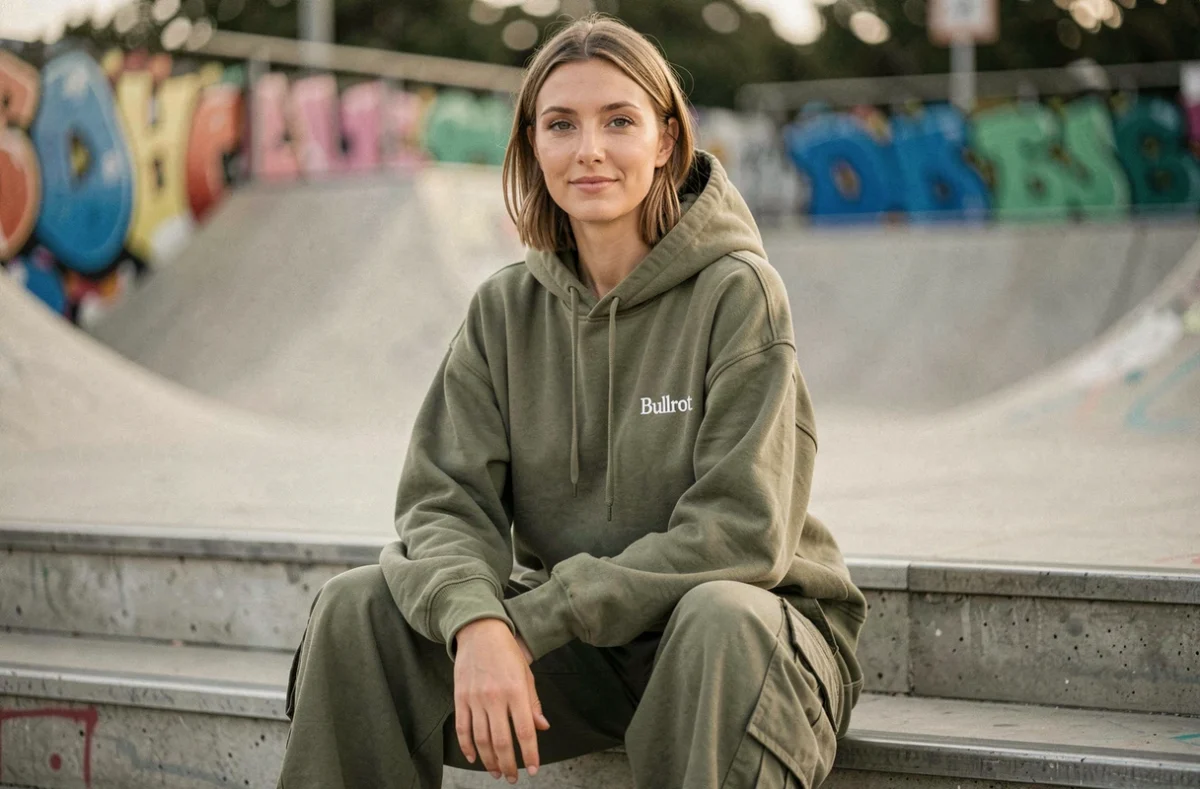 Femme en hoodie Bullrot assise sur des marches en béton près d'un skate park urbain, représentant les valeurs et l'esthétique de la marque