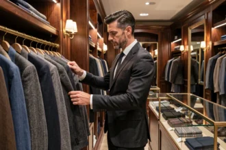 Homme élégant explorant des costumes sur mesure dans une boutique de vêtements masculins du Nord de la France