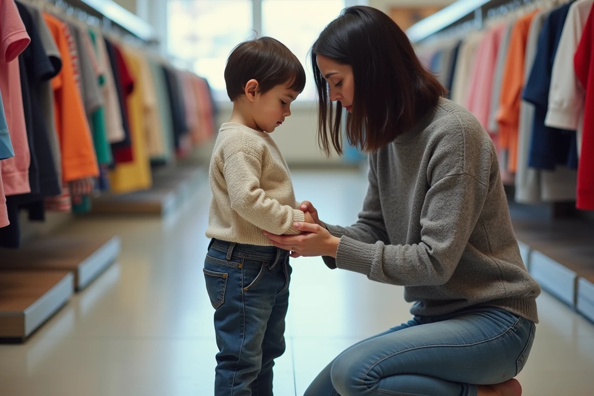 Mère mesurant la taille d'un vêtement taille 116 sur son enfant dans un magasin de vêtements pour enfants