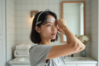 Femme mesurant son tour de tête avec un mètre ruban souple dans une salle de bain moderne