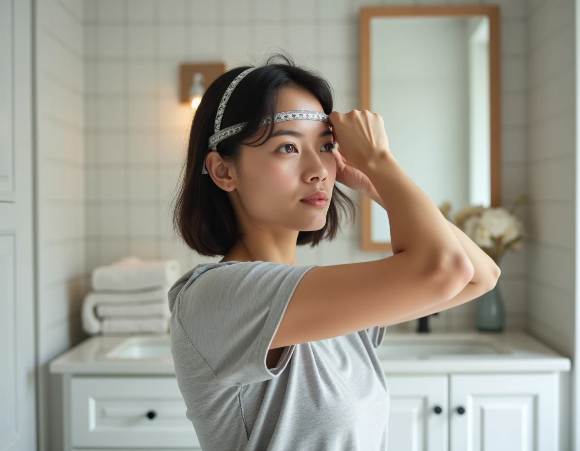 Femme mesurant son tour de tête avec un mètre ruban souple dans une salle de bain moderne