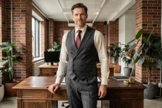 Homme en costume années 30 avec gilet double boutonnage et cravate bordeaux dans un bureau moderne aux murs en briques apparentes
