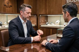 Homme en costume élégant examinant une montre Rolex avec un revendeur agréé dans une boutique de luxe lors d'une négociation