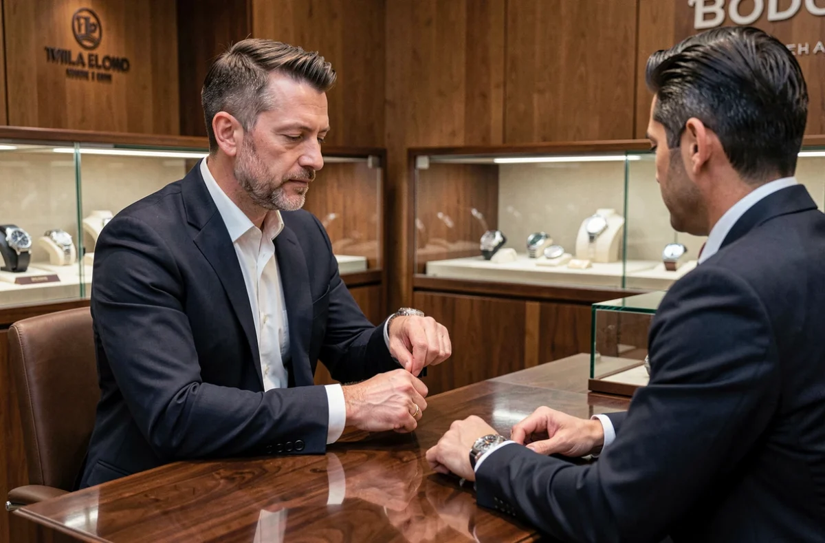 Homme en costume élégant examinant une montre Rolex avec un revendeur agréé dans une boutique de luxe lors d'une négociation