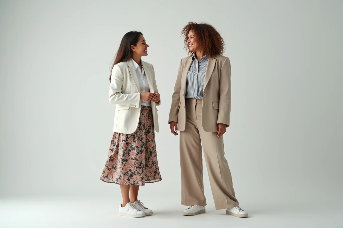 Deux femmes aux morphologies différentes portant des Nike Air Force 1 blanches, comparaison de tenues adaptées à chaque silhouette en studio