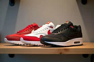 Paire de Nike Air Max exposée sur une étagère en bois dans une boutique de sneakers à Nantes, mise en valeur des détails de la tige et de la semelle