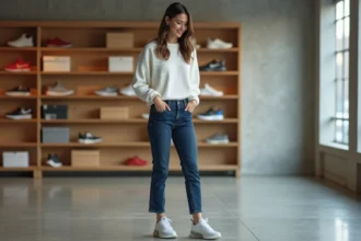 Jeune femme portant des Nike Air Max 270 blanches dans une boutique urbaine minimaliste, mise en valeur de la morphologie par un jean indigo ajusté