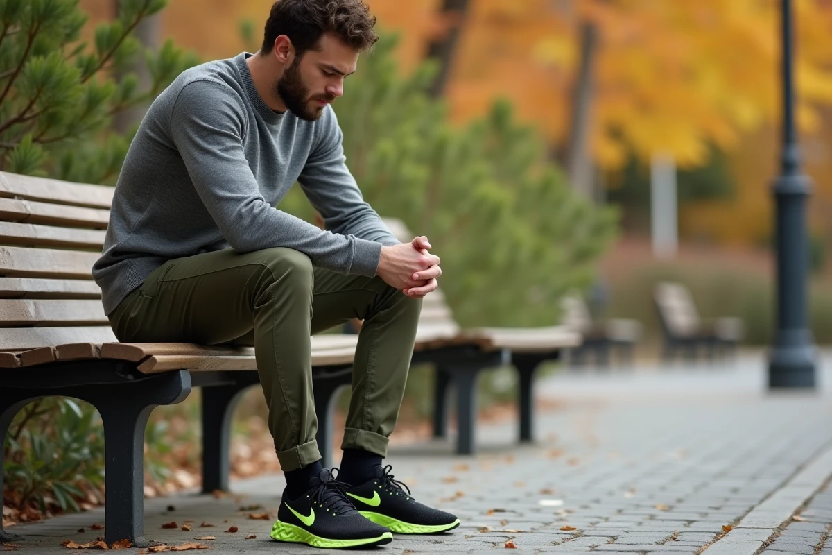 Homme athlétique en Nike React Infinity Run noires assis sur un banc en bois dans un parc automnal, chaussures de sport Nike adaptées à la morphologie masculine