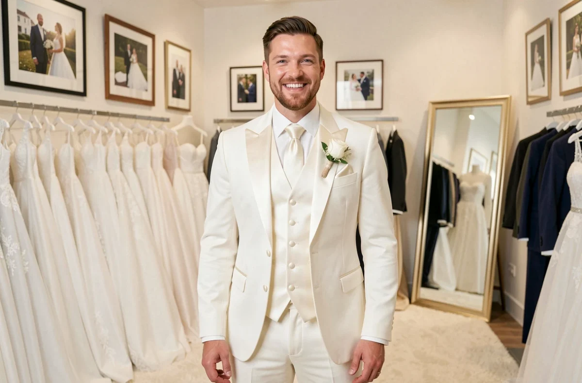 Marié en costume de mariage blanc trois pièces dans la boutique Olivier Sinic dans le Nord