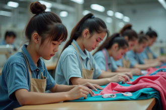 Groupe de jeunes ouvriers en usine de textile en action