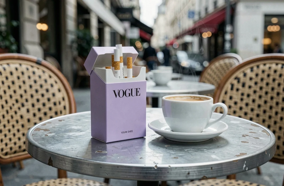 Paquet de cigarettes Vogue couleur lilas posé sur une table de café parisien avec une tasse d'espresso, ambiance lifestyle et légèreté