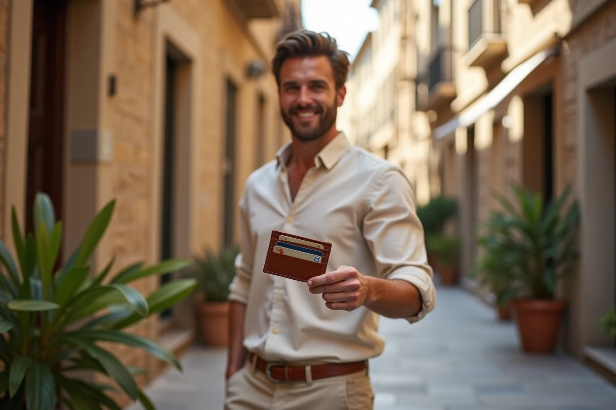 Homme tenant ouvert un porte-cartes en cuir slim avec des cartes de crédit dans une rue pavée européenne ensoleillée