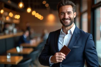 Homme élégant en costume bleu marine sortant un porte-cartes en cuir marron de la poche de sa veste dans un café urbain