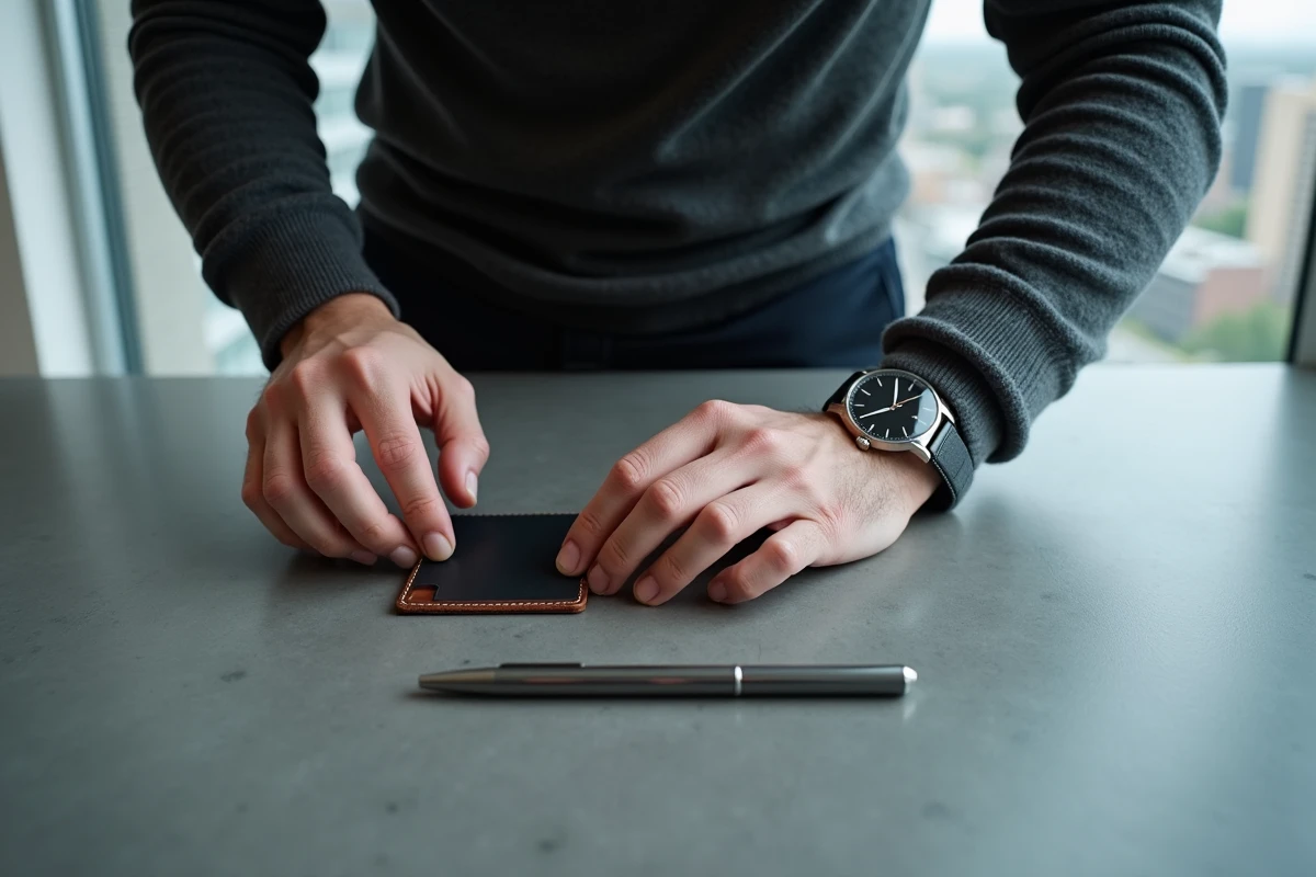 Porte-cartes homme minimaliste en cuir posé sur un bureau en béton avec une montre et un stylo dans un bureau moderne