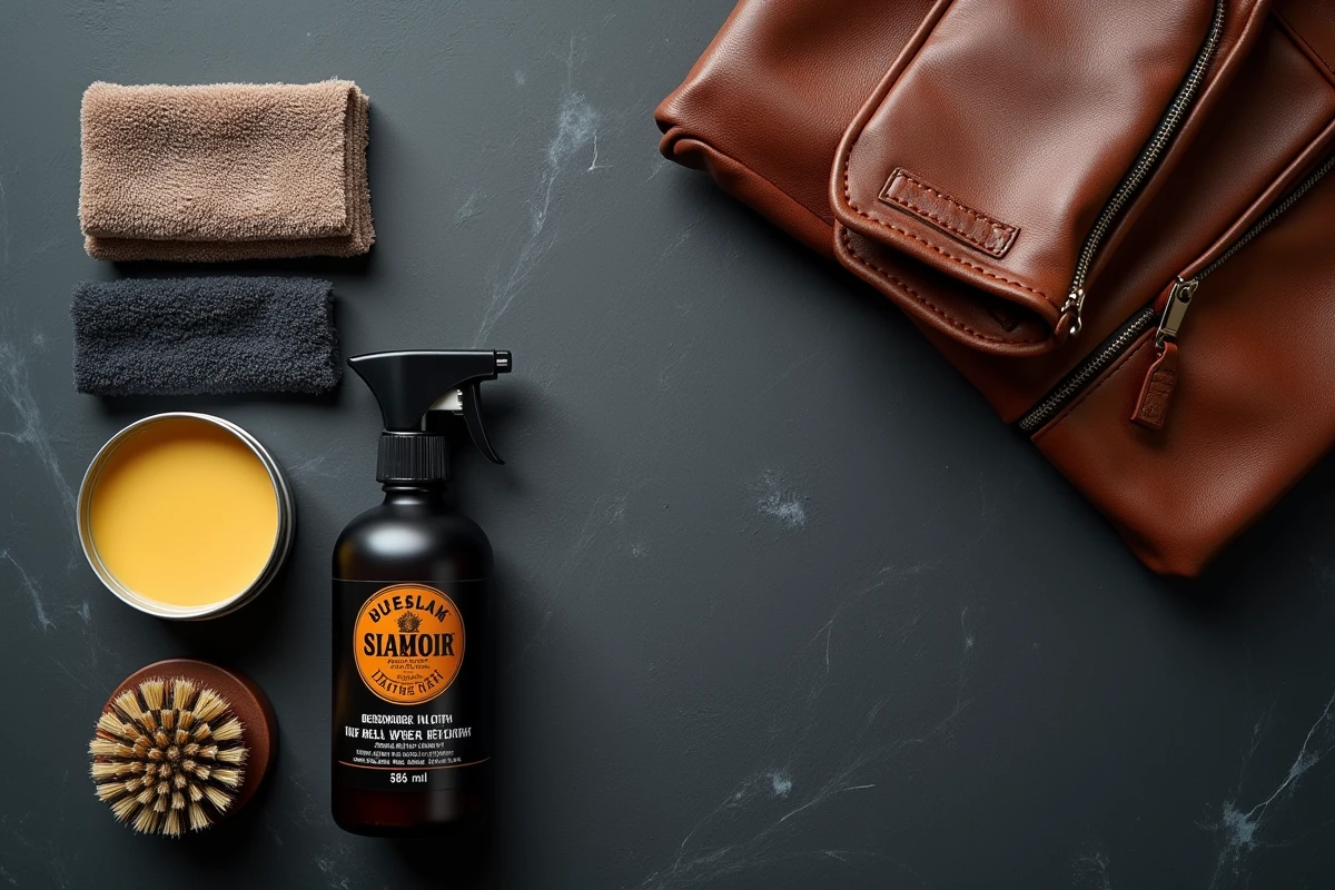 Flat lay des produits d'entretien essentiels pour blouson en cuir sur fond ardoise