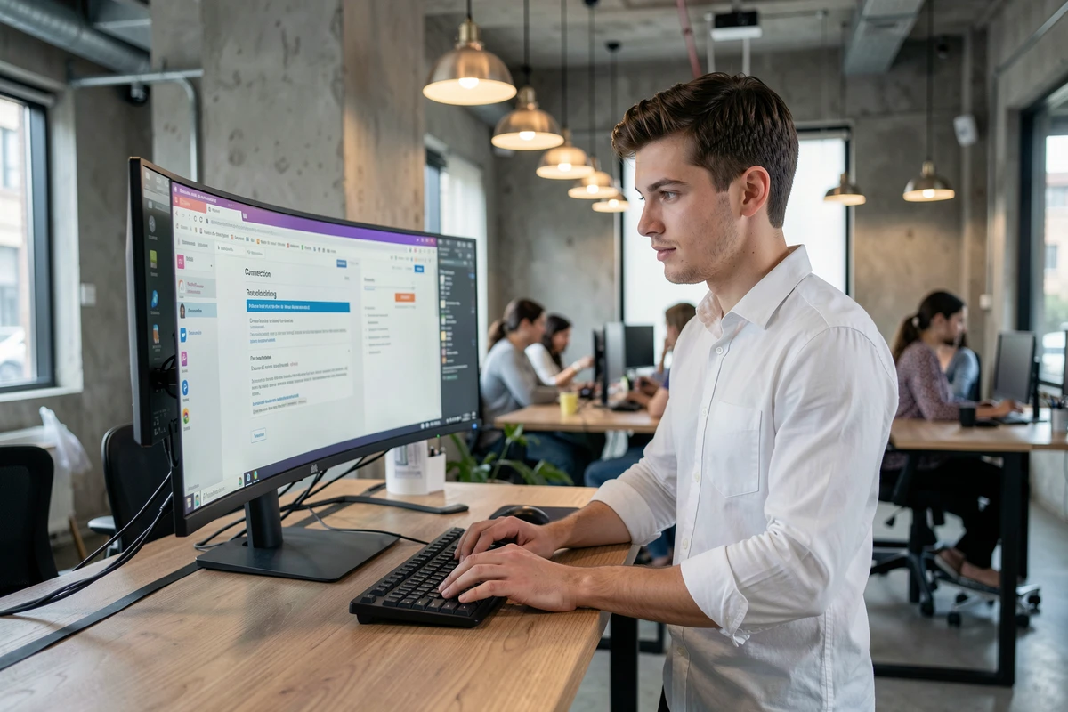 Jeune professionnel résolvant un problème de connexion sur son compte La Poste dans un open space