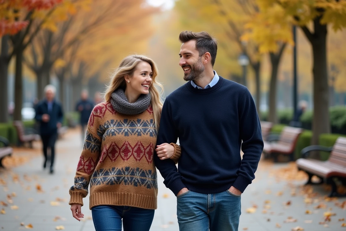 Couple marchant dans un parc urbain en pulls colorés en automne