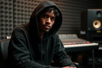 Rappeur en studio d'enregistrement avec capuche relevée, ambiance introspective pour une interview musicale