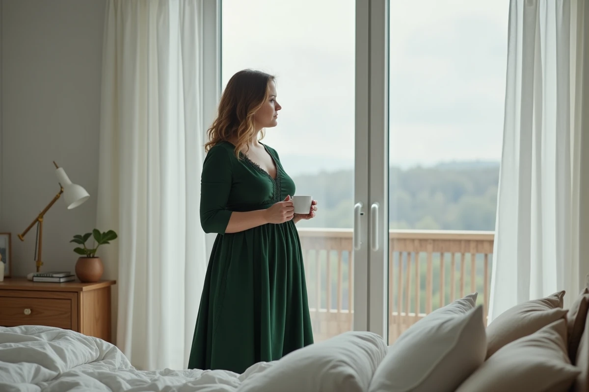 Femme petite et ronde en robe empire vert foncé avec dentelle dans une chambre scandinave minimaliste, tenue qui affine et allonge la silhouette