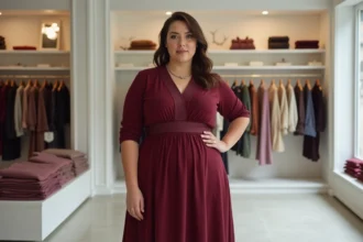 Femme grande taille portant une robe midi en grain d3 coupée en A, silhouette valorisée en boutique parisienne