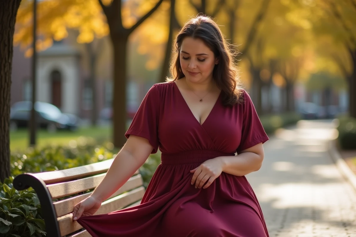 Femme ronde et petite assise en plein air portant une robe midi trapèze bordeaux à ceinture froncée dans un parc urbain en automne