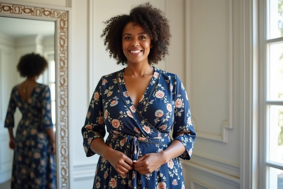 Femme petite et ronde portant une robe portefeuille à imprimé floral bleu marine en cabine d'essayage, mettant en valeur sa silhouette