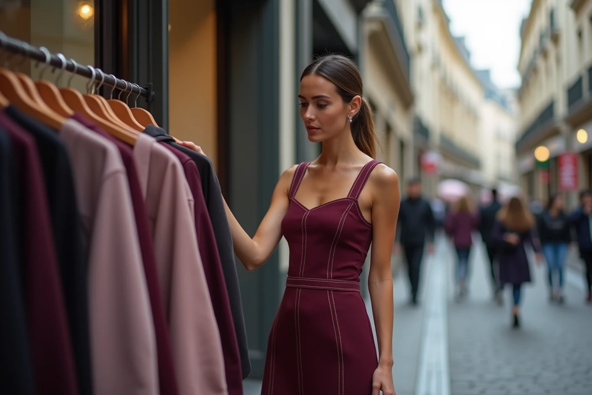 Femme en robe Sinequanone bordeaux faisant du shopping en soldes dans une rue commerçante parisienne
