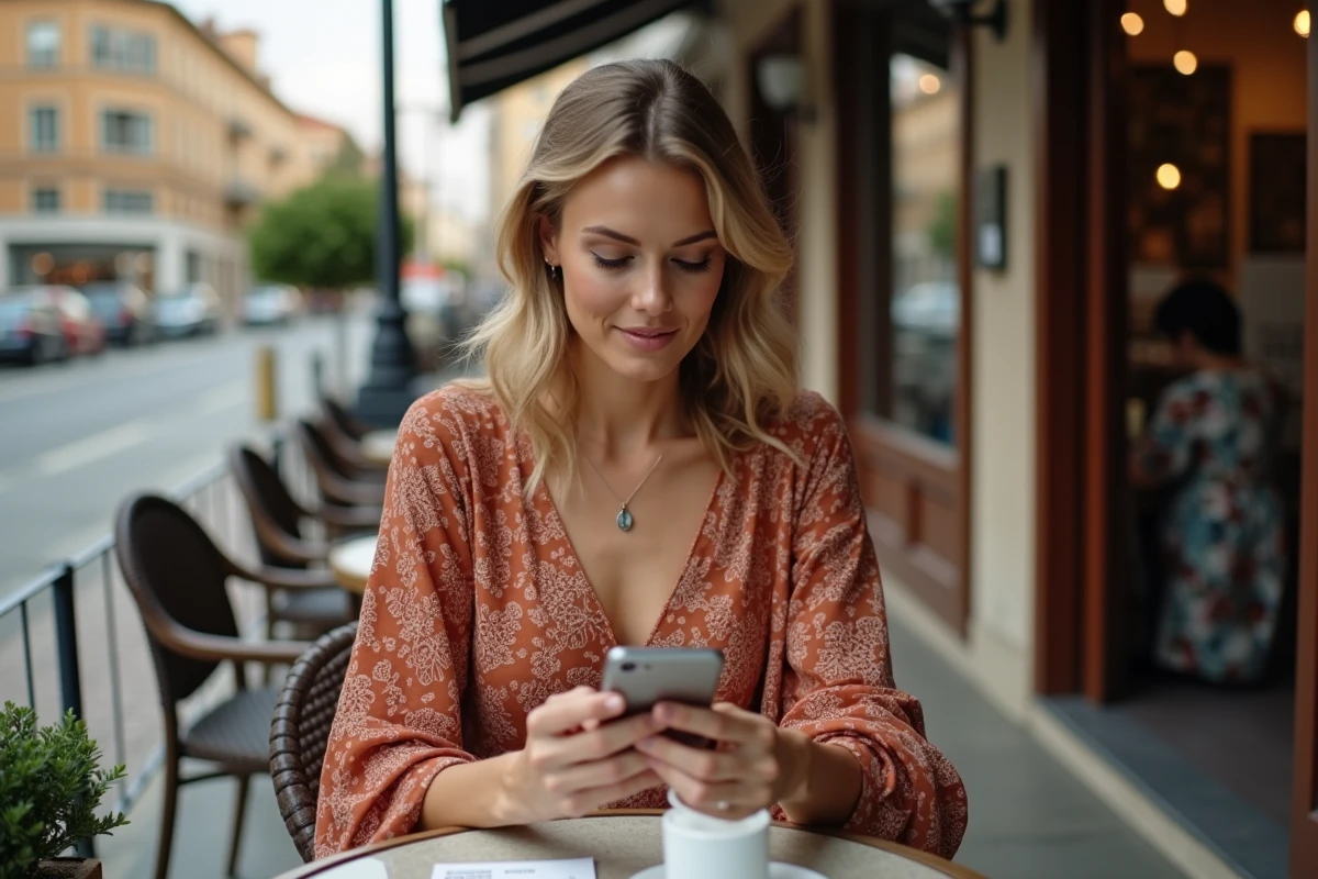 Femme assise en terrasse portant une robe Sinequanone terracotta achetée en soldes, consultant les promotions en ligne