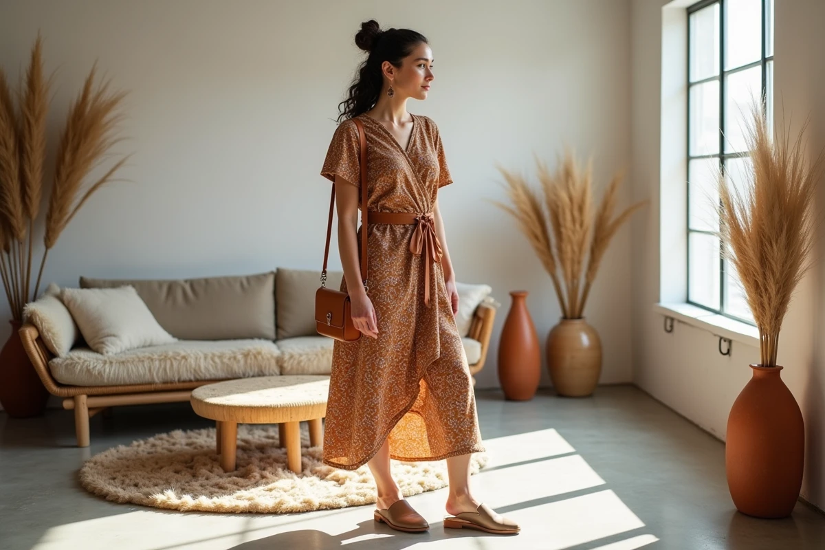 Femme en robe portefeuille paisley seventies modernisée dans un loft décoré en style bohème contemporain, look hippie chic avec accessoires cuir cognac
