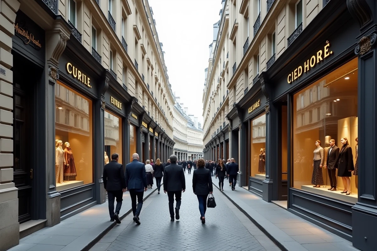 Vue grand angle de la rue du Faubourg Saint-Honoré avec les devantures des grandes maisons de mode parisiennes