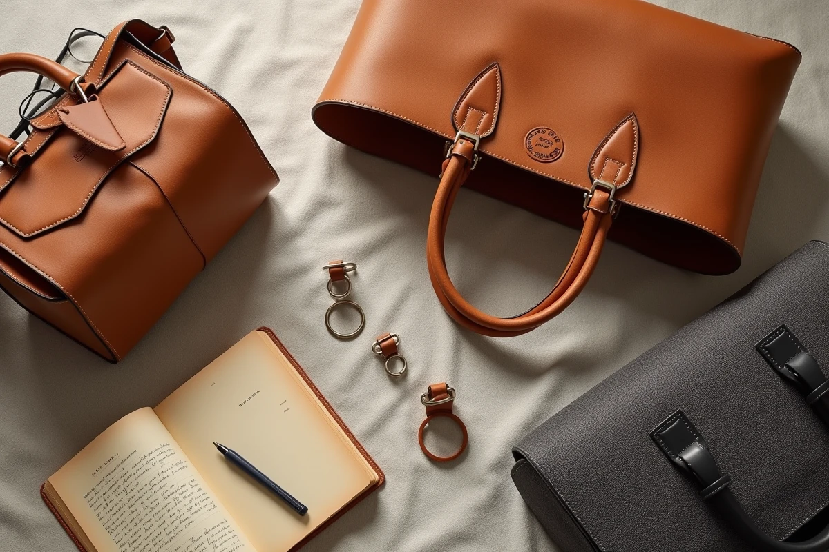 Sacs en cuir made in France et marques internationales comparés sur fond de lin dans un contexte éditorial