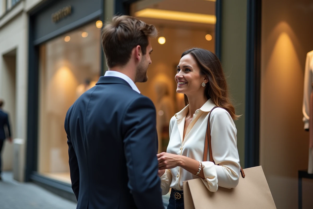 Deux amies élégantes devant une vitrine de boutique de luxe dans un grand quartier commerçant parisien