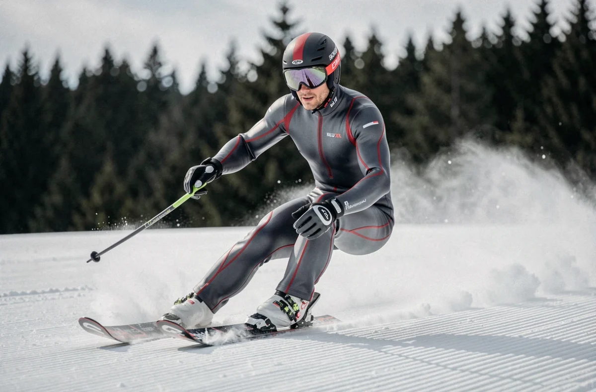 Skieur homme en combinaison technique haut de gamme graphite et rouge en plein virage sur piste