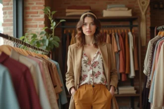 Femme en tenue hippie modernisée dans une boutique parisienne vintage, blazer camel sur blouse bohème florale et pantalon large moutarde