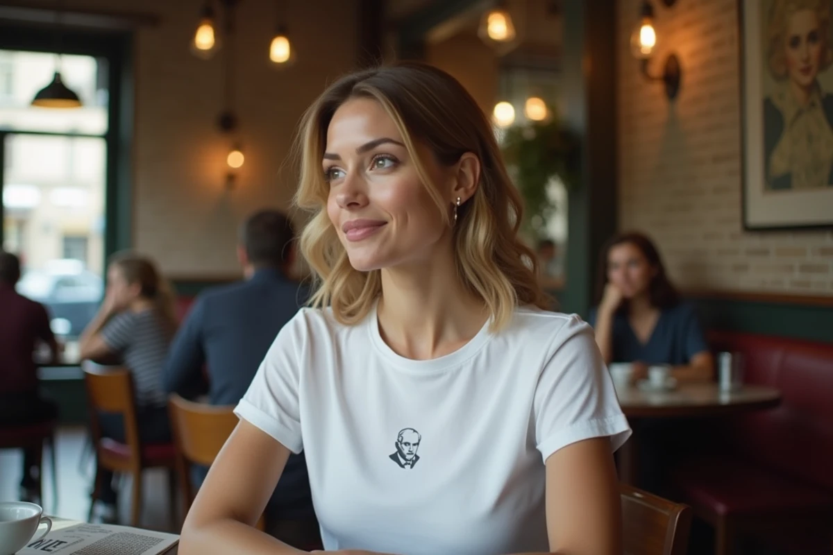 Femme portant un tee-shirt Charles de Gaulle blanc dans un café parisien authentique