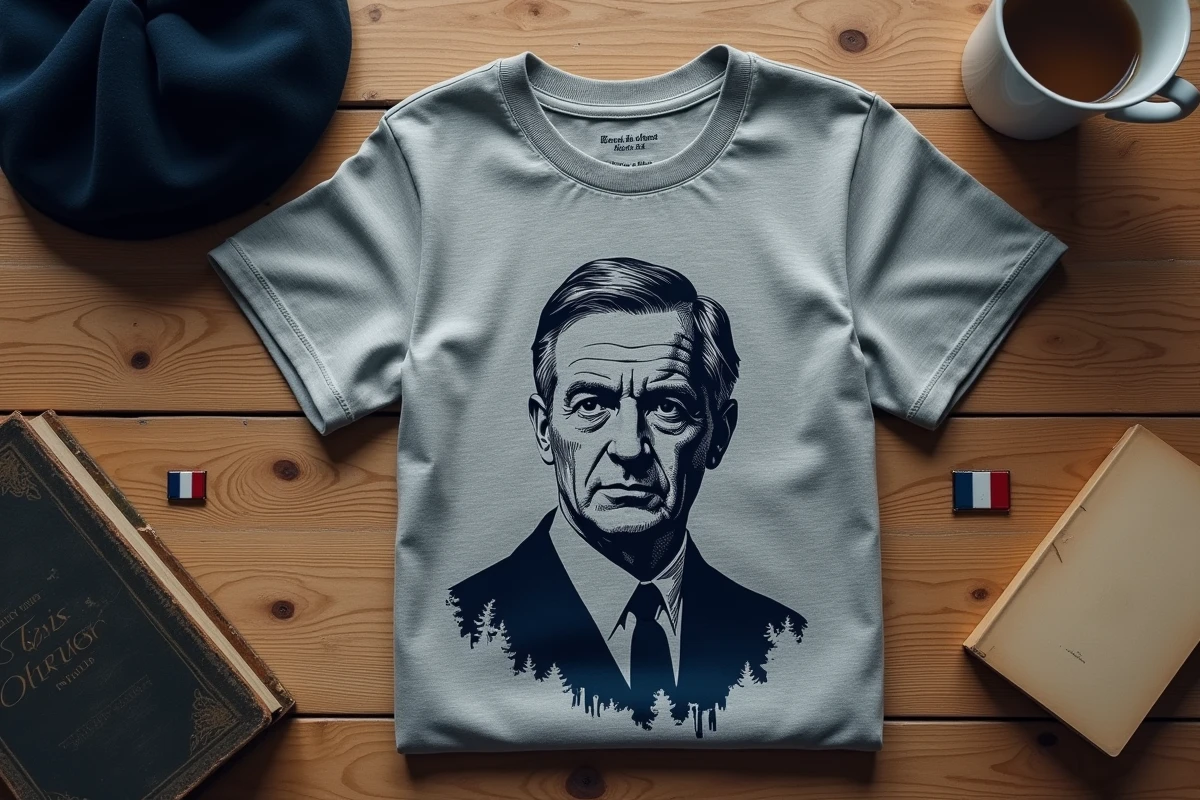 Tee-shirt Charles de Gaulle gris chiné plié sur bois rustique avec béret et pin's tricolore en flat lay