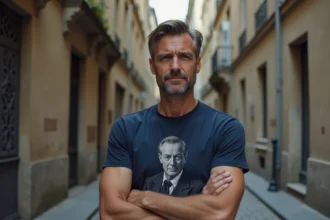 Homme élégant portant un tee-shirt Charles de Gaulle bleu marine dans une cour parisienne en pierre