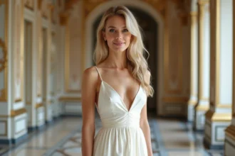 Femme à la peau claire portant une robe de soirée blanche élégante dans un cadre de bal parisien