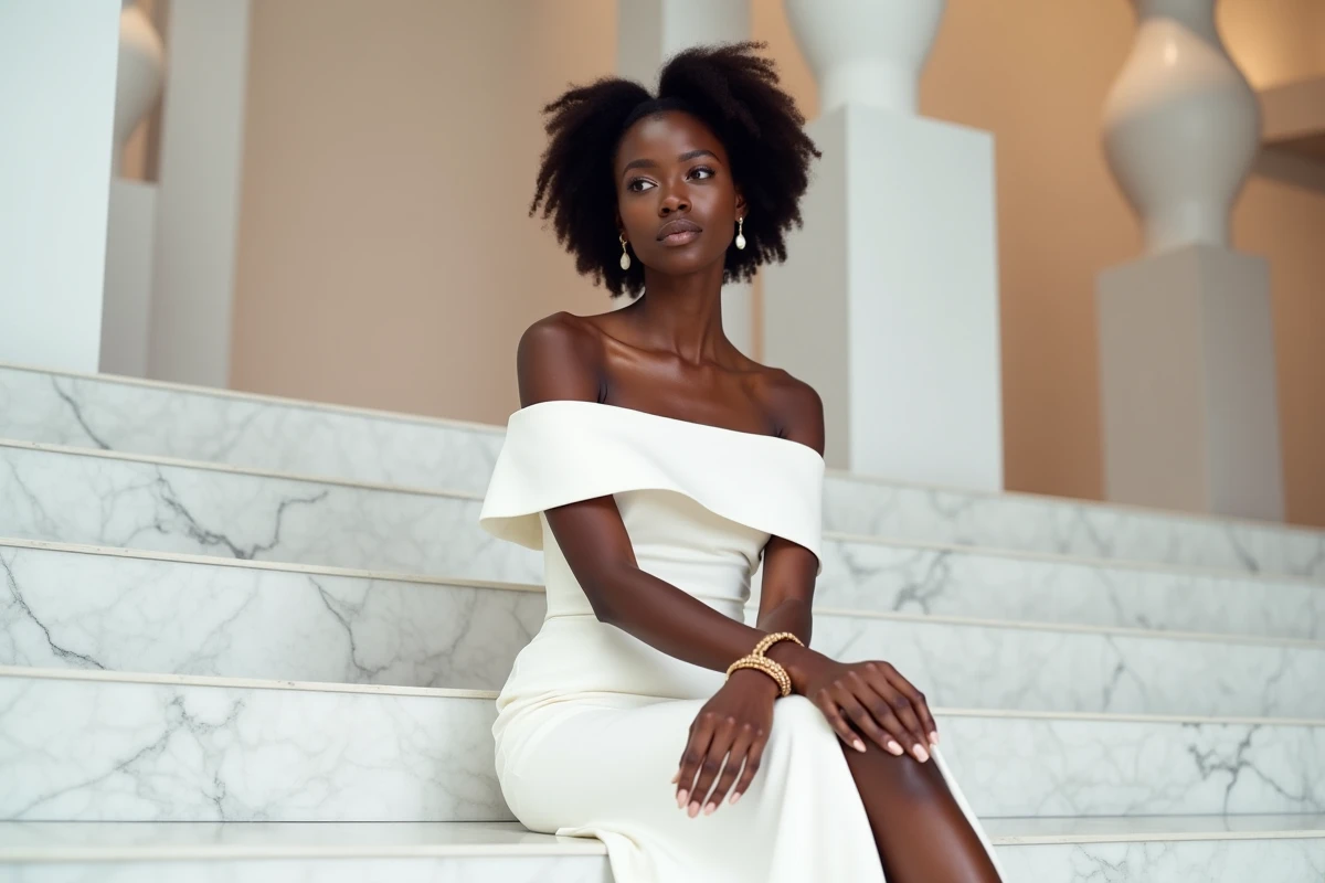 Femme à la peau foncée en robe de soirée blanche structurée dans un musée d'art contemporain