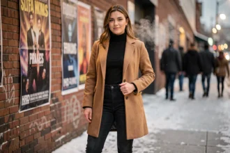 Femme en tenue superposée tendance pour un concert d'hiver devant une salle de spectacle