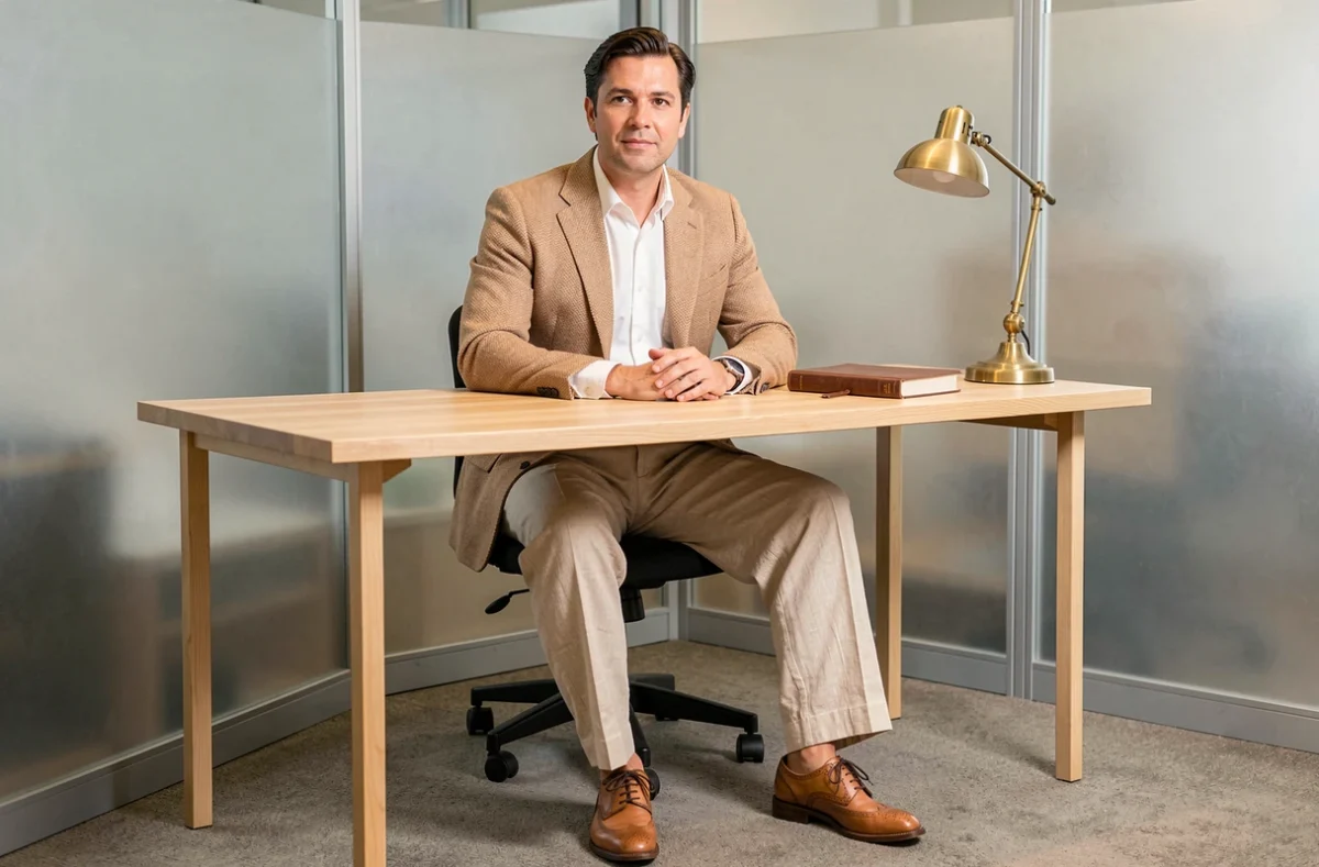 Homme assis à un bureau en bois portant un costume à chevrons camel et pantalon à plis larges dans un style rétro années 30