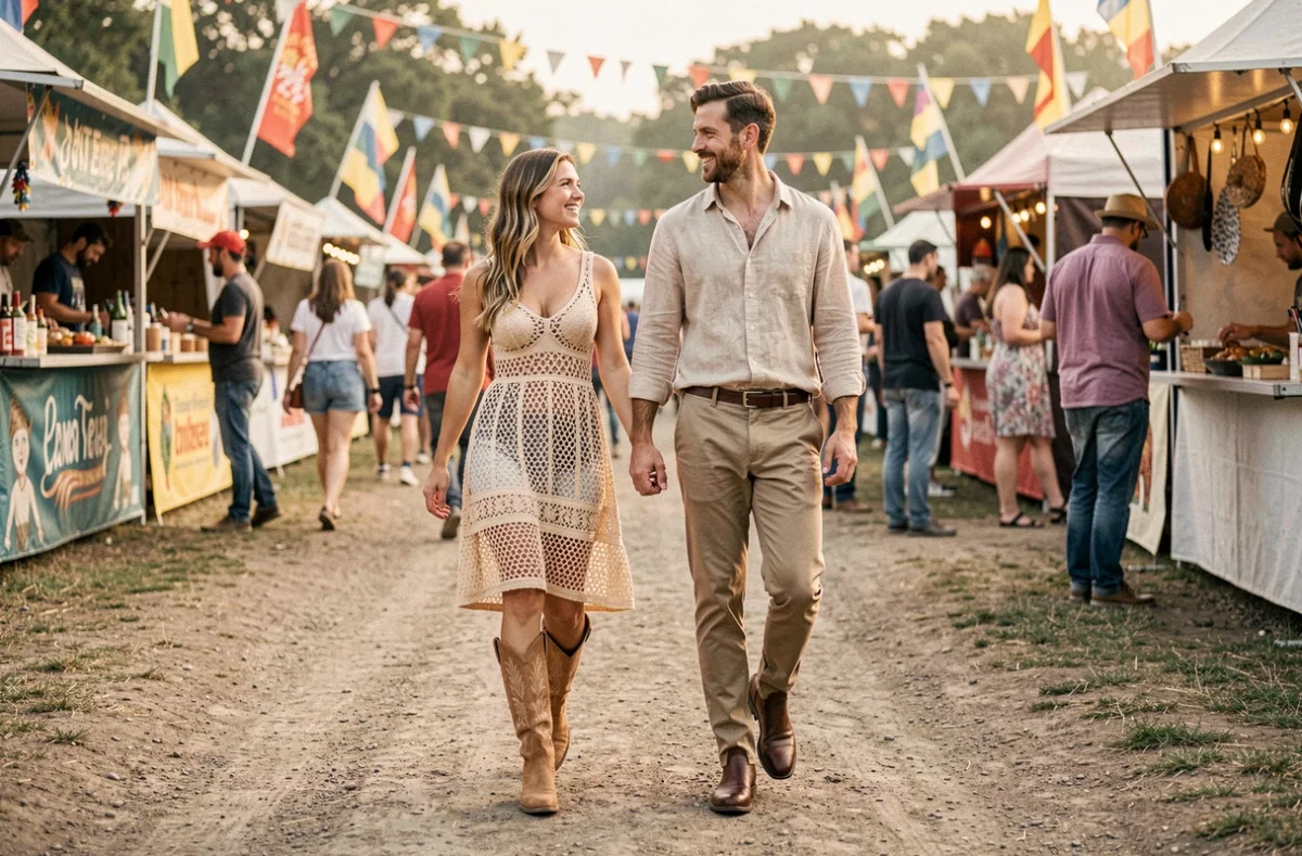 Deux amis en santiags marchant dans une allée de festival avec des stands colorés en arrière-plan