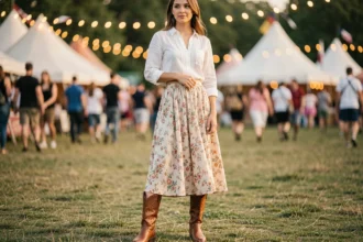 Femme portant des santiags marron avec une jupe fleurie dans un festival en plein air