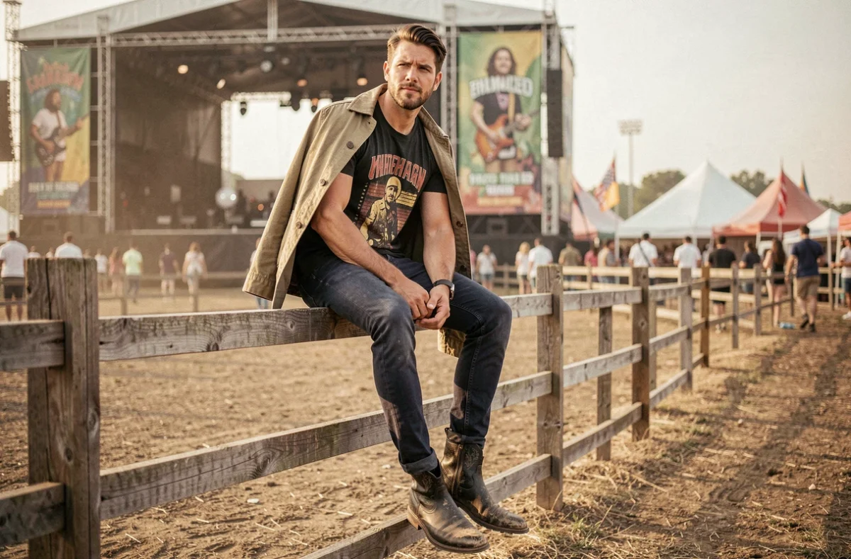 Homme en santiags noires et jean indigo assis sur une clôture lors d'un festival de musique