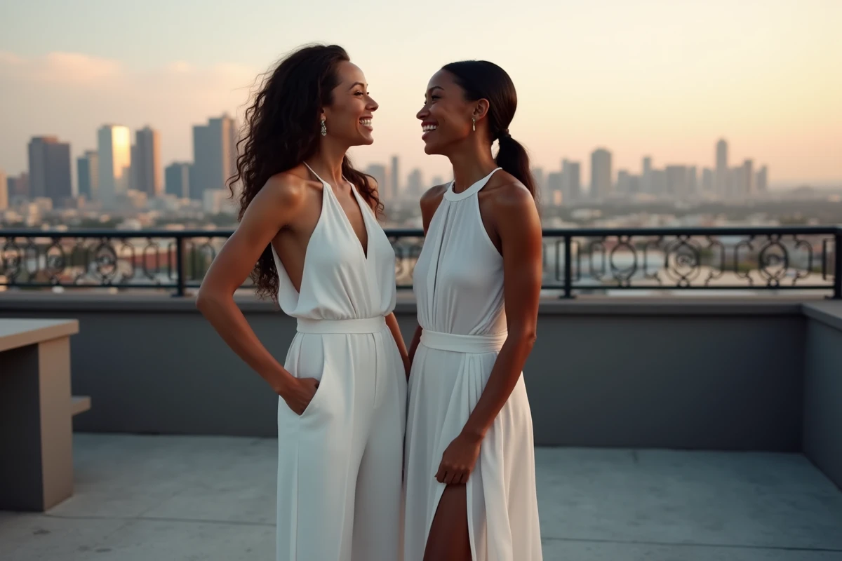 Deux femmes aux carnations différentes portant des tenues de soirée blanches sur une terrasse avec vue sur la ville
