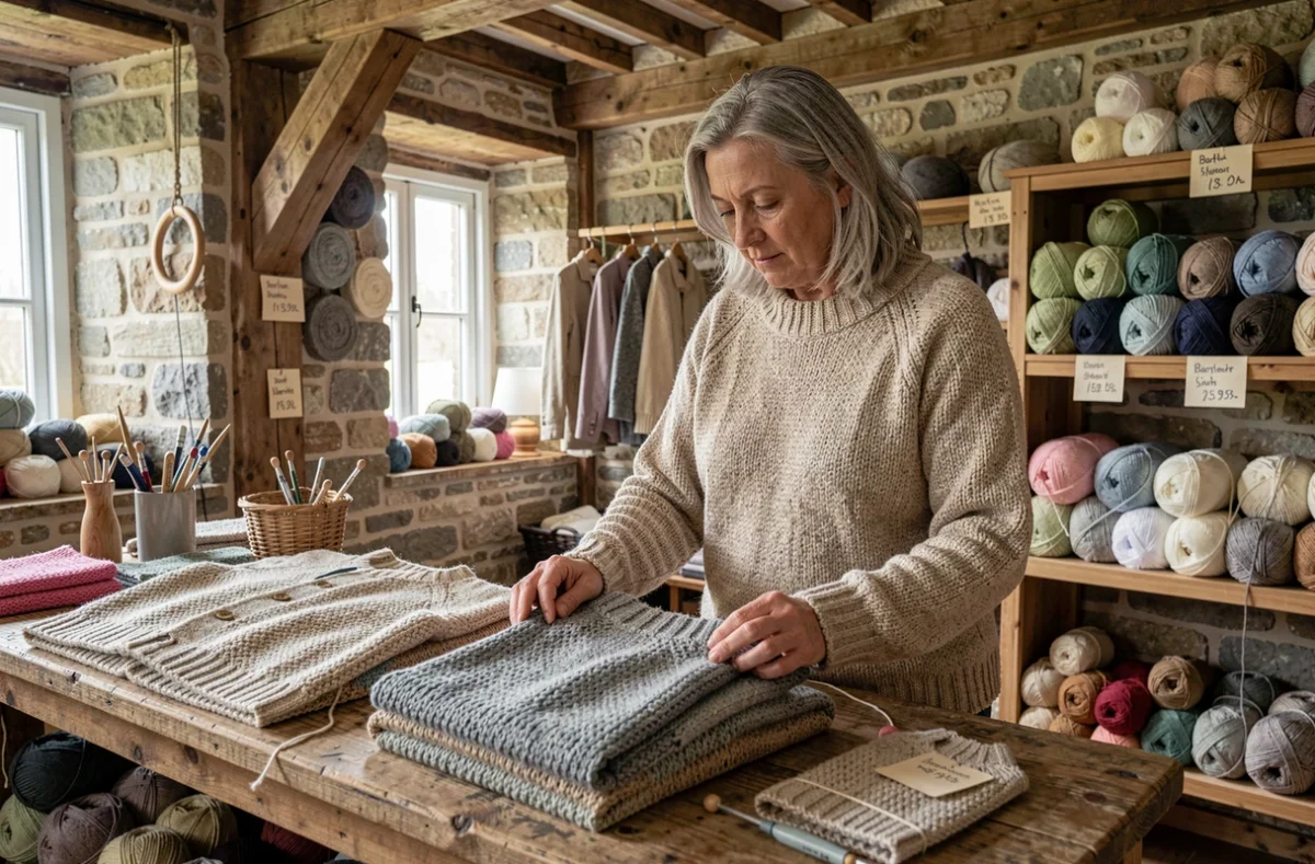 Atelier Tricoterie du Val de Saire près de Barfleur, femme inspectant des pulls en maille artisanale dans un intérieur en pierre